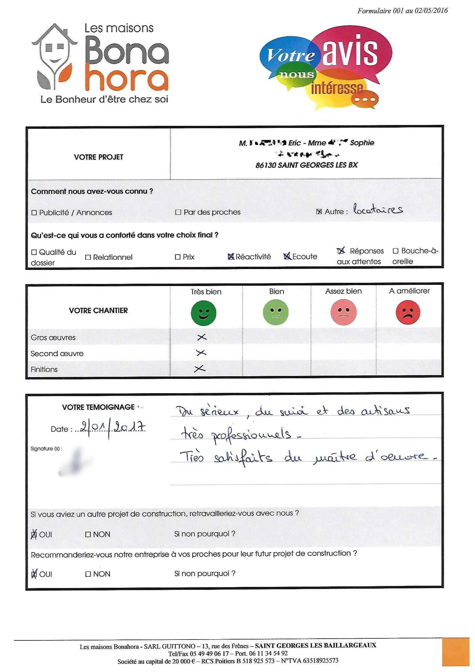 Avis client - Janvier 2017