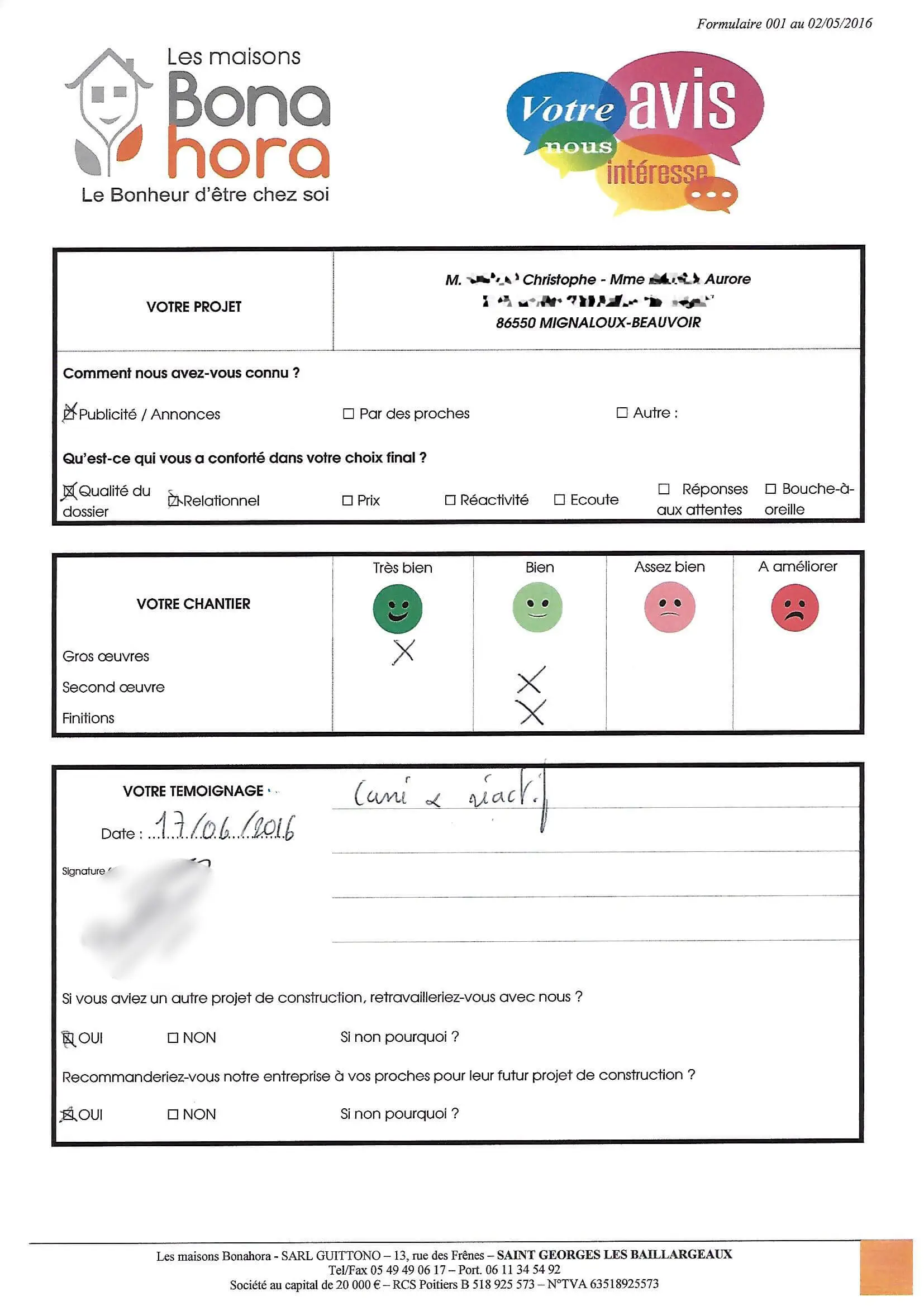 Avis client - Juin 2016