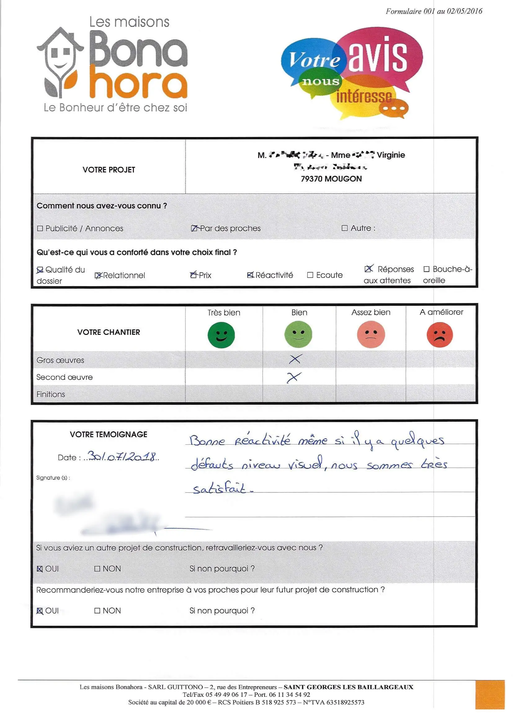 Avis client - Juillet 2018